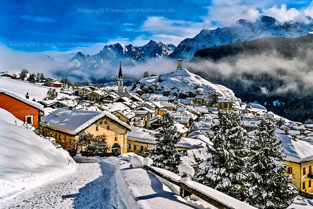 PAD2_RH_Ardez-Tiefschnee_150x100 | DIGITALKUNST. Wintertraum in Ardez. __ Schnee bedeckte Landschaft bei Sonnenschein und blauem Himmel. __ Das Basisfoto für dieses malerisch verwandelte Werk hat der Schweizer Hobbyfotograf Rene Hinder gemacht und es Bernt Hoffmann für dessen Kunstpart zur Verfügung gestellt. - Realisiert mit Pictrs.com