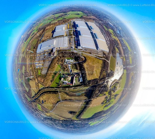 Dortmund240190045 IKEA_Ellinghausen | Luftbild, IKEA Distribution Services Warenlager, Erdkugel, Fisheye Aufnahme, Fischaugen Aufnahme, 360 Grad Aufnahme, tiny world, little planet, fisheye Bild, Schwieringhausen, Dortmund, Ruhrgebiet, Nordrhein-Westfalen, Deutschland
