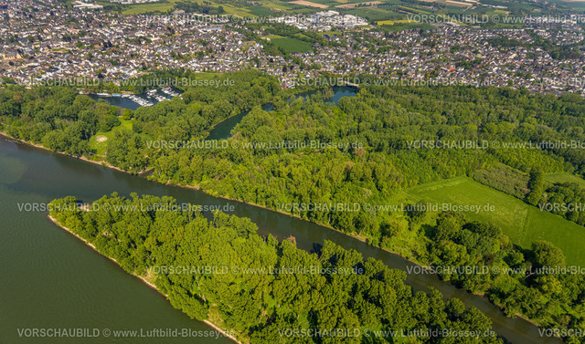 Bonn240501599Siegmuendung | Luftbild, Fluss Rhein und Fluss Sieg mit Siegmündung und Waldgebiet Siegaue, Diescholl Altarm der Sieg und Waldgebiet, Ortsansicht Mondorf und Bergheim, Schwarzrheindorf, Bonn, Nordrhein-Westfalen, Deutschland