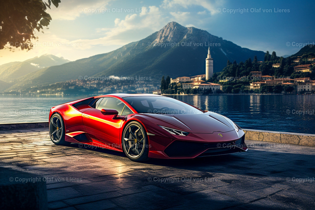 Lambo in rot | Sportwagen am See mit Bergen