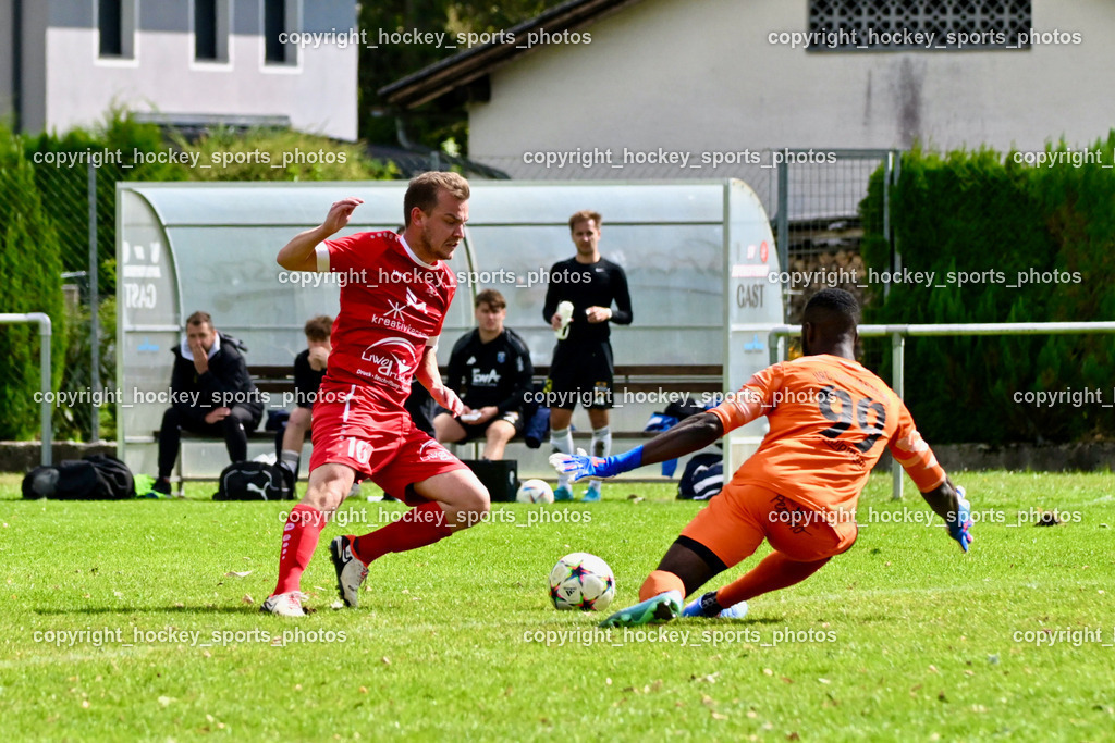 SV Rothentuhurn vs. URC Thal Assling | #10 Thomas Platzer SV Rothenthurn, #99 Ayotunde Ezekiel Ikuepamitan URC Thal Assling, SV Rothentuhurn vs. URC Thal Assling, SV Rothentuhurn vs. URC Thal Assling am 15.09.2024 in Rothenthurn (Sportplatz Rothenthurn), Austria, (Photo by Bernd Stefan)