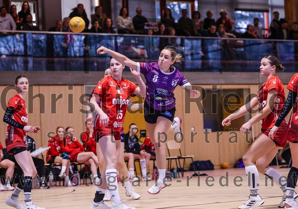 2025-02-22_095_SpVgg_Altenerding_gegen_TG_Landshut | Erding, Deutschland, 22.02.2025:Handball, Bezirksoberliga Frauen Altbayern 2024 / 2024, 15. Spieltag, SpVgg Altenerding gegen TG Landshut, Endergebnis: 25:22Carolin Kagerer (TG Landshut, #25), Lena Prem (SpVgg Altenerding, #8)Foto: Christian Riedel / fotografie-riedel.net