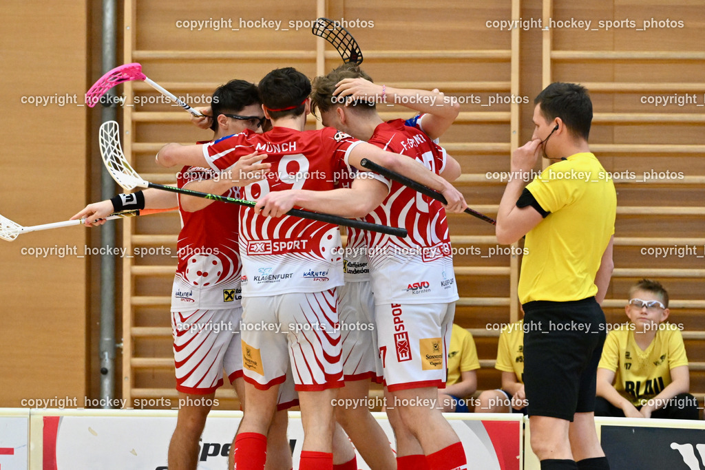 VSV Unihockey vs. KAC Floorball | Jubel KAC Floorball Mannschaft, VSV Unihockey vs. KAC Floorball, VSV Unihockey vs. KAC Floorball am 12.04.2025 in Villach (Ballspielhalle St. Martin), Austria, (Photo by Bernd Stefan)