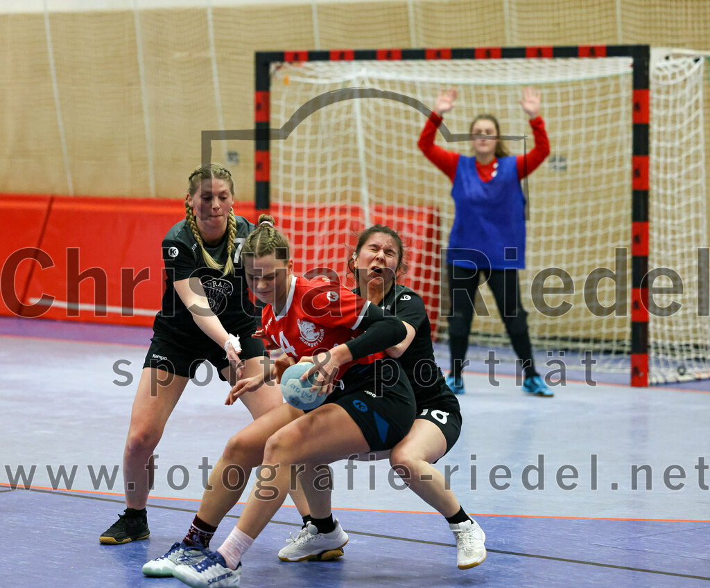 2022-12-04_078_SV_Anzing_gegen_TSV_Uebersee | Anzing, Deutschland, 04.12.2022:
Handball, Bezirksliga 2022 / 2023, 8. Spieltag, SV Anzing gegen TSV Übersee, Endergebnis: 29:24

Veronika Hilz (TSV Übersee, #7), Elena Holzmann (SV Anzing, #14), Sophia Ladner (TSV Übersee, #18)

Foto: Christian Riedel / fotografie-riedel.net