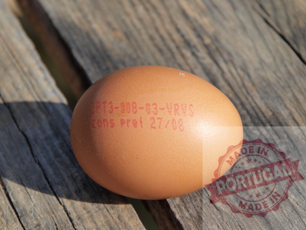Brown egg with expiration date on wooden surface | Brown chicken egg showing best before date on rustic wooden table - Realized with Pictrs.com