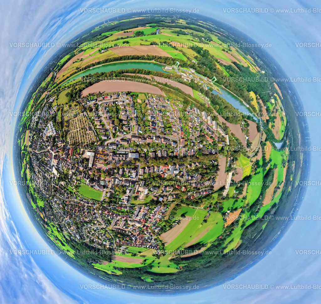 Huenxe250904514 | Luftbild, Wohngebiet Ortsansicht Hünxe Dorstener Straße mit Baumallee und oben die Schleuse Hünxe am Wesel-Datteln-Kanal, TankSchiffe, Erdkugel, Fisheye Aufnahme, Fischaugen Aufnahme, 360 Grad Aufnahme, tiny world, little planet, fisheye Bild, , Hünxe, Ruhrgebiet, Nordrhein-Westfalen, Deutschland