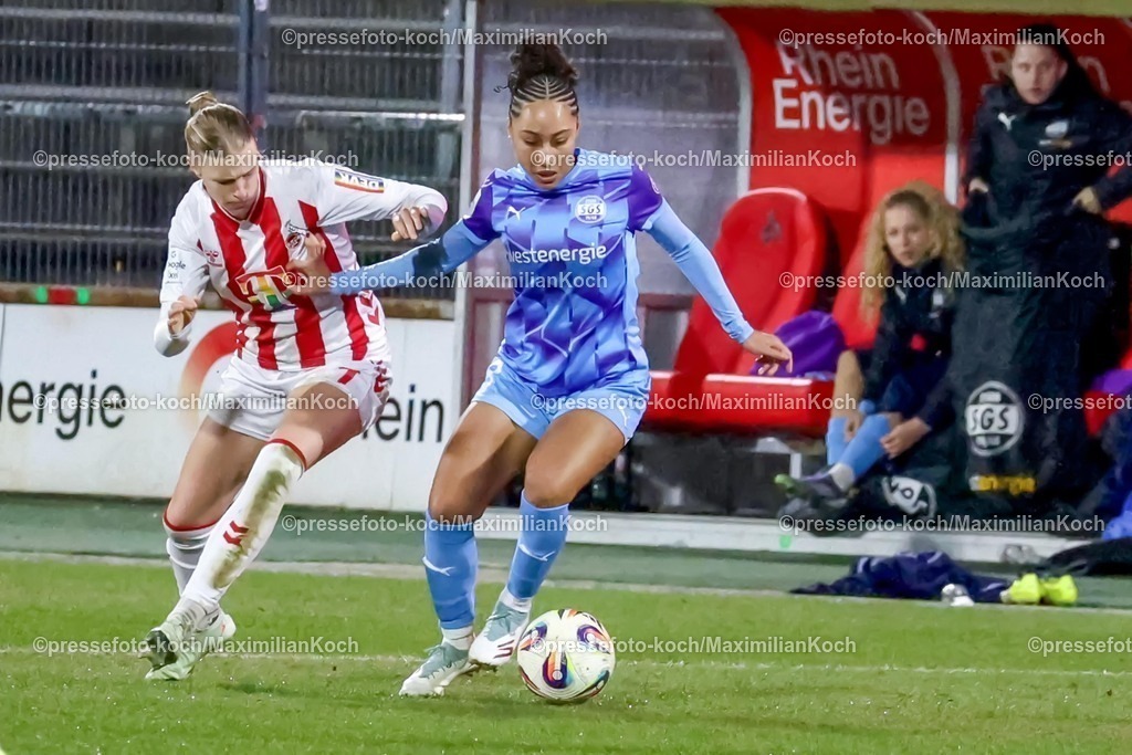 xSSCx09022601009 | 09.02.2026, xsscx, Frauen Fussball, 1. FC Koeln - SGS Essen, 1. Fussball Bundesliga, 17. Spieltag, Franz-Kremer-Stadion, Saison 2025 2026: Anna-Lena Stolze (1. FC Koeln 7) im Zweikampf gegen Vanessa Fürst (SGS Essen 8) DFB regulations prohibit any use of photographs as image sequences and or quasi-video. Photo: xSandraxScherningxPressefotoKochx