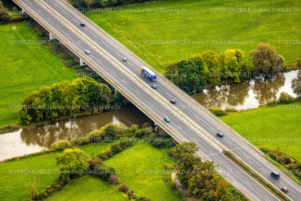 Huenxe241009769 | Luftbild, Lippebrücke der Autobahn A3 über den Fluss Lippe, Bucholtwelmen, Hünxe, Niederrhein, Nordrhein-Westfalen, Deutschland