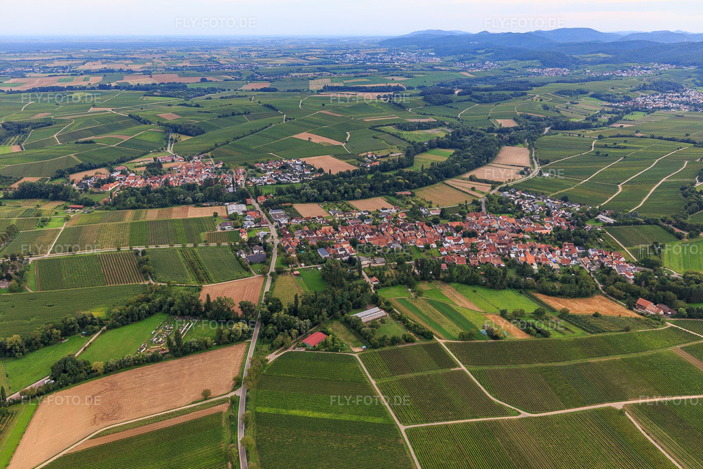 Luftbild: Ortsansicht aus Norden im Ortsteil Heuchelheim in Heuchelheim-Klingen im Bundesland Rheinland-Pfalz in Deutschland. Foto: IMG_128511.jpg vom 21.08.2021 durch Werner Riehm/FLY-FOTO.de