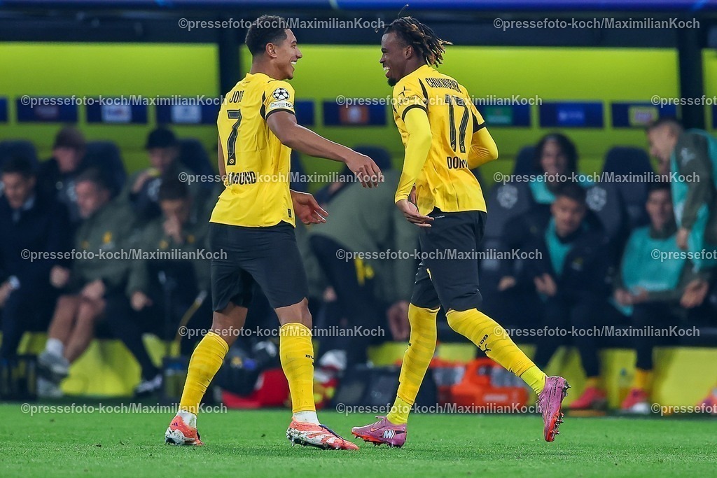 UCL01102501088 | 01.10.2025, Fußball, UEFA Champions League, Borussia Dortmund - Athletic Club Bilbao, BVB Stadion, 2. Spieltag, Saison 2025 2026: Torjubel nach dem Tor zum 2:0 durch Torschütze Carney Chukwuemeka (BVB #17)  Regulations prohibit any use of photographs as image sequences and or quasi-video.