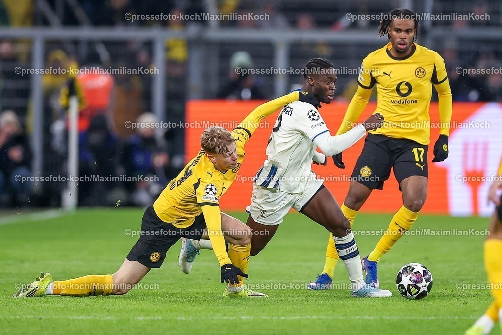 UCL17022601091 | 17.02.2026, Fußball, UEFA Champions League, Borussia Dortmund - Atalanta Bergamo, BVB Stadion, Play-Offs Hinspiel, Saison 2025 2026: Daniel Svensson&nbsp;(BVB #24) und Carney Chukwuemeka (BVB #17)  im Zweikampf gegen  Kamaldeen Sulemana&nbsp;(Atalanta Bergamo #07)  Regulations prohibit any use of photographs as image sequences and or quasi-video.