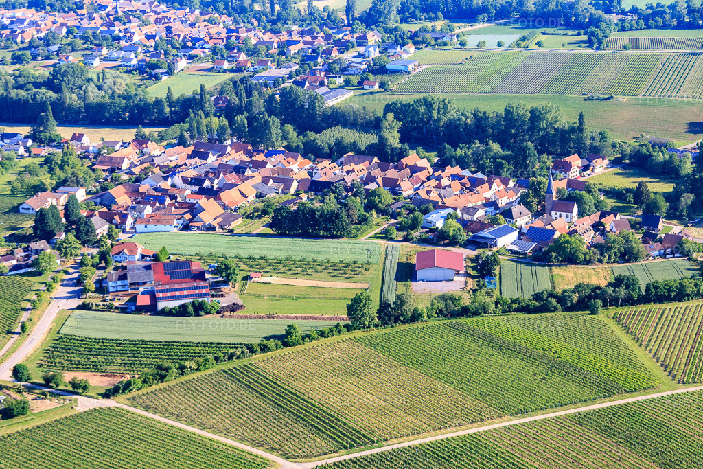 Luftbild: Ortsansicht von Süden im Ortsteil Klingen in Heuchelheim-Klingen im Bundesland Rheinland-Pfalz in Deutschland. Foto: IMG_080097.jpg vom 05.06.2015 durch Werner Riehm/FLY-FOTO.de