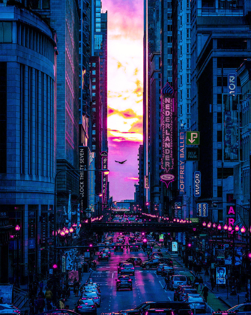 New York Cyberpunk-Town | Hohe Straßenschluchten mitten in  Downtown in einem futuristischen Design. Die Szene könnte auch aus einem Science-Fiction-Film stammen. Ein hochwertiges Wandbild in brillanter Druckqualität auf Acrylglas, Alu-Dibond, Leinwand und vielen weiteren Wandprodukten perfekte geeignet für Ihr Ambiente. - Realisiert mit Pictrs.com