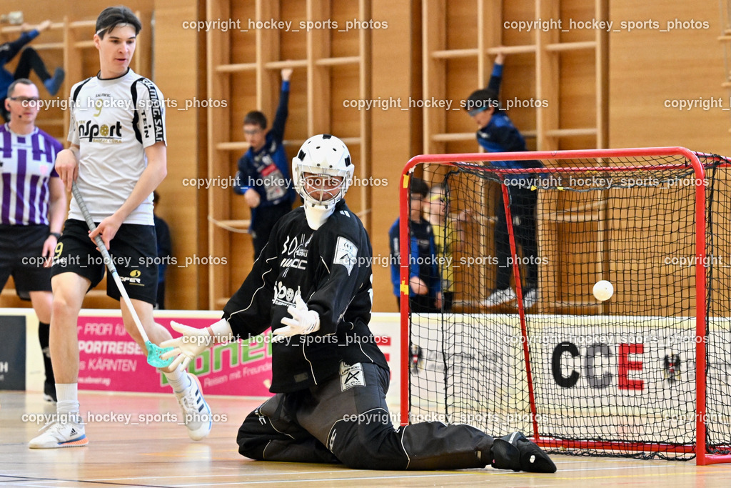 FBK Loka vs. VSV Unihockey | #9 Nejc Peklaj FBK Loka, #80 Blaz Tomazin FBK Loka, FBK Loka vs. VSV Unihockey, FBK Loka vs. VSV Unihockey am 23.03.2025 in Villach (Ballspielhalle St. Martin), Austria, (Photo by Bernd Stefan)