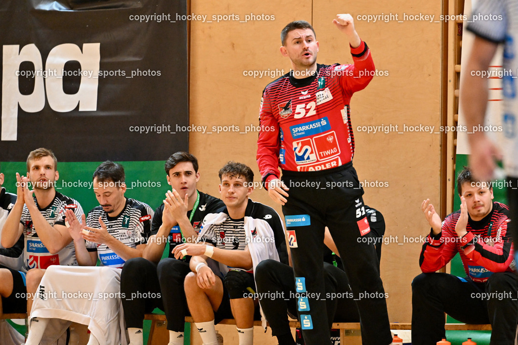 SC Ferlach vs. Schwarz Tirol Handball | #52 TANIC Boris Schwaz Tirol Handball, Spielerbank Schwaz Handball Tirol, SC Ferlach vs. Schwaz Tirol Handball, SC Ferlach vs. Schwarz Tirol Handball am 12.10.2024 in Ferlach (Ballspielhalle Ferlach), Austria, (Photo by Bernd Stefan)
