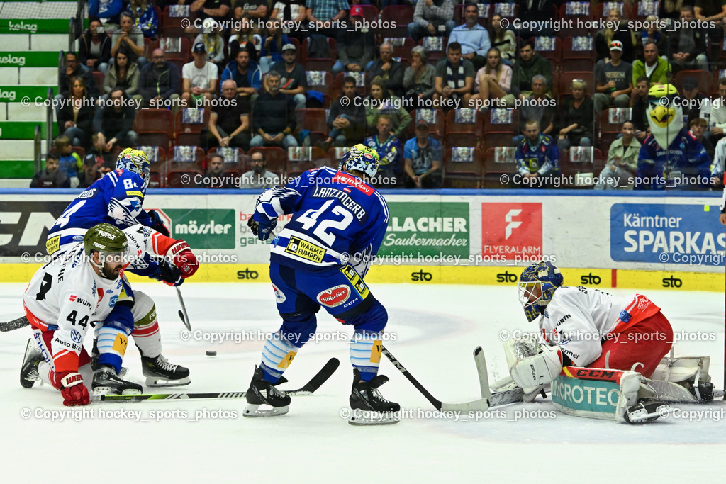 EC IDM Wärmepumpen VSV vs. HC Bozen 19.9.2023 | #44 Valentine Scott, #84 Andrew Desjardins#42 LANZINGER Benjamin,  #1 Svedberg Niklas, win2day icehockeyleague, EC IDM Wärmepumpen - HC Bozen  am 19.09.2023 in Villach (Stadhalle Villach), Austria, (Photo by Bernd Stefan)