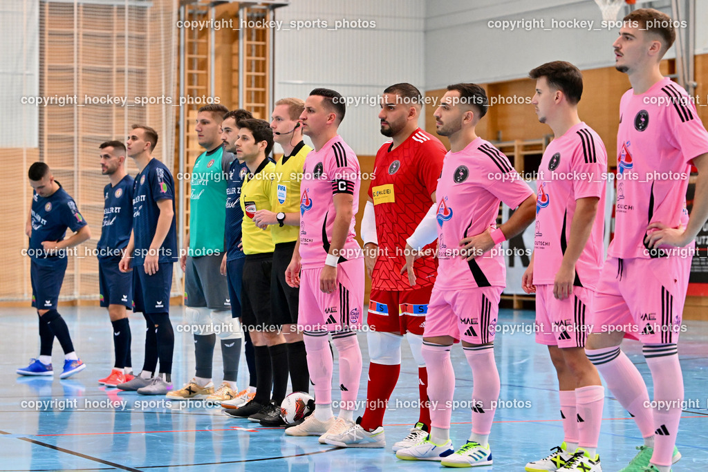 Carinthia Flamengo Futsal Club vs. LPSV-K | #2 Faris Buljubasic Carinthia Flamengo, #17 Hasan Kupinic Carinthia Flamengo, #70 Yosifov Svetlozar Angelov Carinthia Flamengo, #1 Youssef Helal Carinthia Flamengo, Daniel Stauber Referee, Bünyamin Kilicdagi Referee, Carinthia Flamengo Futsal Club vs. LPSV-K, Carinthia Flamengo Futsal Club vs. LPSV-K am 03.11.2024 in Klagenfurt (Ballspielhalle Viktring), Austria, (Photo by Bernd Stefan)
