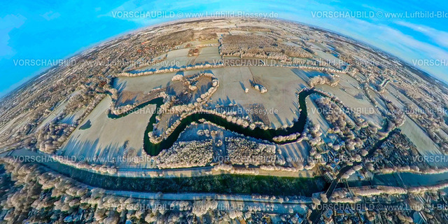 Hamm221290024LippeMaeander | Luftbild von Hamm im Schnee, winterliche Landschaft und Fluss Lippe Mäander mit Lippeauen, Datteln-Hamm-Kanal, fisheye, Fisheye Aufnahme, Fischaugen Aufnahme, 360 Grad Aufnahme, Uentrop, Hamm, Ruhrgebiet, Nordrhein-Westfalen, Deutschland