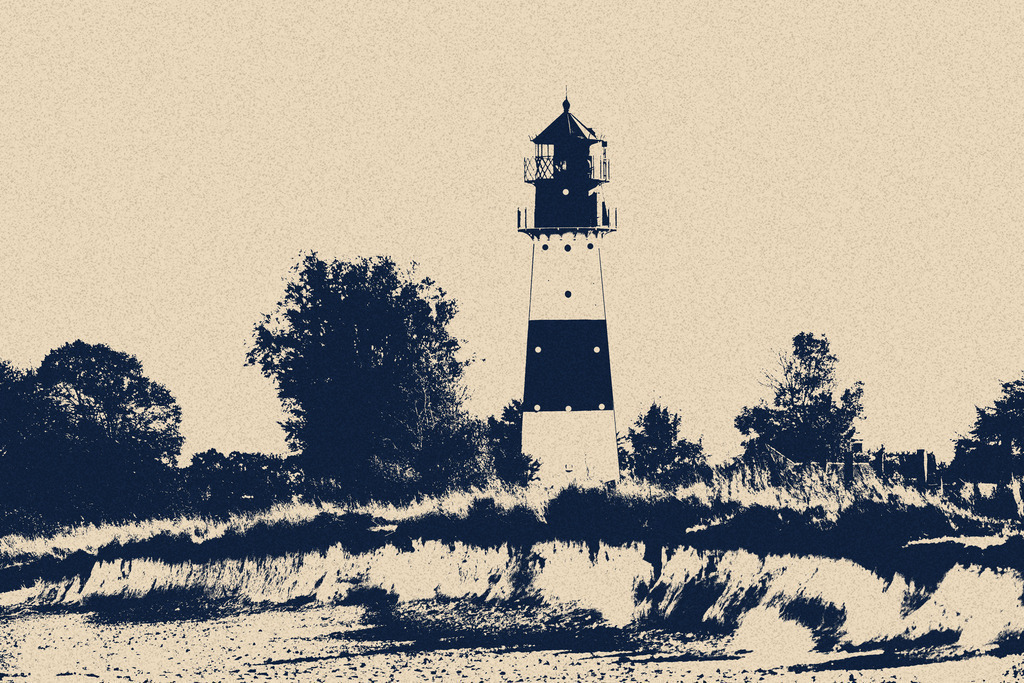 Photoart: Leuchtturm in Falshöft | Dieses Wandbild im Querformat zeigt eine künstlerische Interpretation des Leuchtturms in Falshöft. Im Vordergrund ist der Sandstrand zu sehen. In der Mitte des Bildes befindet sich der  Leuchtturm. Die dunklen Bereiche des Bildes sind blau und die hellen Bereiche sind gelb dargestellt. Zudem wurde diesem Bild eine leichte Körnung hinzugefügt.  - Realisiert mit Pictrs.com