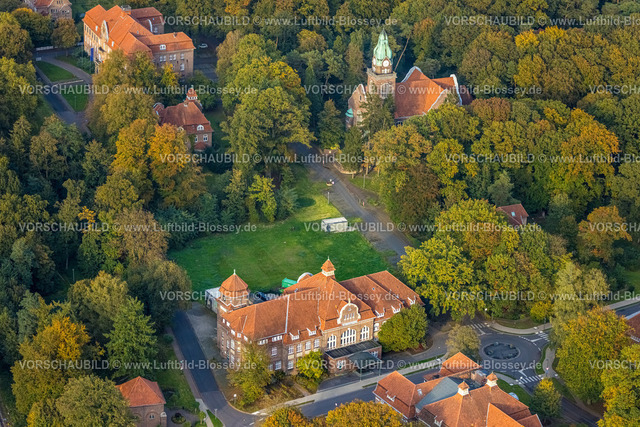 Bedburg-Hau241014610 | Luftbild, LVR-Klinik, Haus Wirtschaftsverwaltung und Küche am Buchenweg Kreisverkehr, LVR-Klinikkirche, herbstlicher Wald, Hau, Bedburg-Hau, Niederrhein, Nordrhein-Westfalen, Deutschland