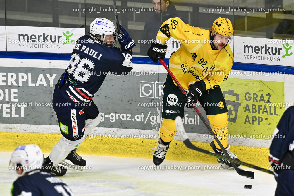 ATSE Graz vs. EHC Lustenau | #86 De Pauli Florian ATSE Graz, #92 Haberl Dominic EHC Lustenau, ATSE Graz vs. EHC Lustenau, ATSE Graz vs. EHC Lustenau am 14.02.2026 in Graz (Merkur Eishalle ), Austria, (Photo by Bernd Stefan)