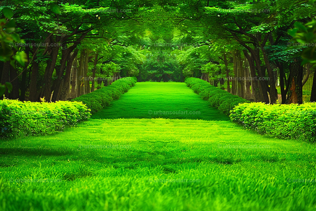 Green Lawn Path Between Trees On Both Sides  | A lush green pathway framed by trees on each side leads into a serene landscape. Perfect for adding a sense of calm and harmony to any space, ideal for nature lovers. - Realisiert mit Pictrs.com