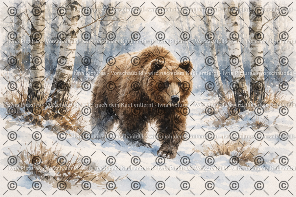 Bär im verschneiten Birkenwald | Ivna Pictures - Realisiert mit Pictrs.com