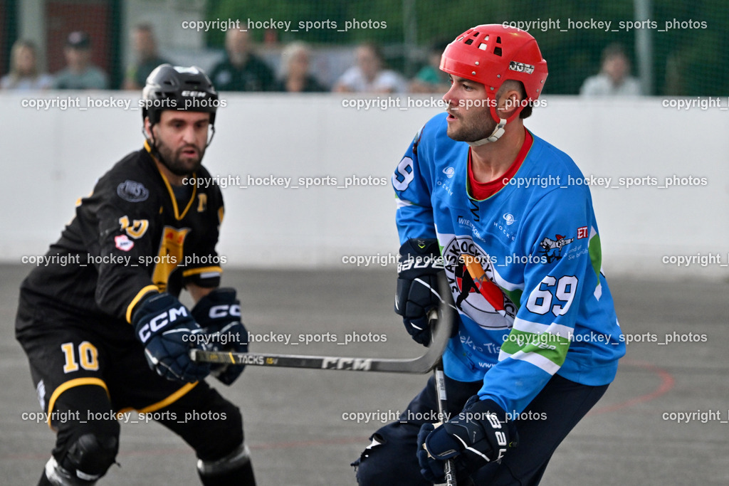 ASKÖ Hockey Villach vs. VAS Ballhockey  | #69 FELDBAUMER Manuel ASKÖ Villach Hockey, #10 Falkner Marco VAS Villach, ASKÖ Hockey Villach vs. VAS Ballhockey , ASKÖ Hockey Villach vs. VAS Ballhockey  am 06.07.2025 in Villach (Alpen Arena ), Austria, (Photo by Bernd Stefan)