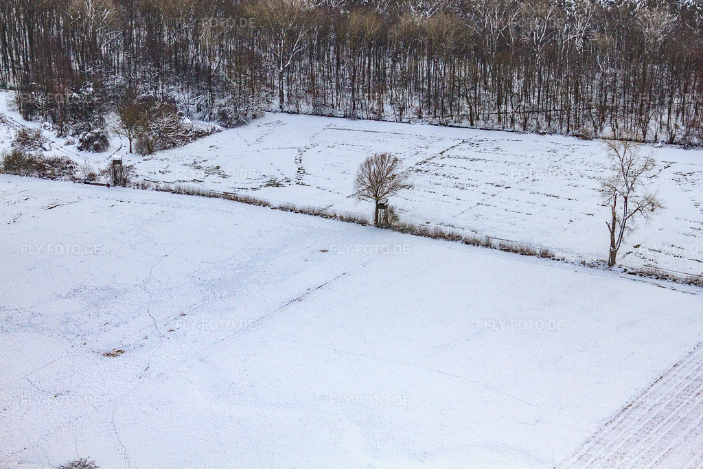 Luftbild: Hochsitz am Neugraben in der Otterbachniederung bei Schnee im Winter im Ortsteil Schaidt in Wörth im Bundesland Rheinland-Pfalz in Deutschland. Foto: IMG_36257.jpg vom 02.01.2011 durch Werner Riehm/FLY-FOTO.de