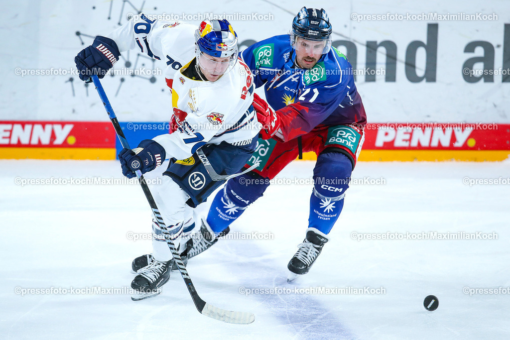 DueDEL17022401054 | 17.02.2024, Düsseldorf, Eishockey, Penny DEL, 47. Spieltag, PSD-BANK Dome, Düsseldorfer EG - EHC Red Bull München: Nico Krämmer (EHC Red Bull München) gegen Brendan O Donnell (Düsseldorfer EG)