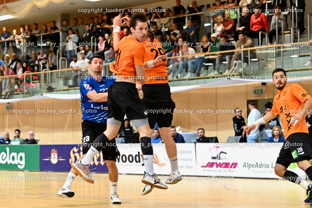 SC Ferlach vs. HSG Holding Graz 23.9.2023 | #23 KOCBEK Jure SC Ferlach, #11 ALBEK Joszef Holding Graz, #28 Predragovic Srdjan Holding Graz, SC Ferlach vs. HSG Holding Graz 23.9.2023, SC Ferlach vs. HSG Holding Graz am 23.09.2023 in Bleiburg (Ballspielhalle Ferlach), Austria, (Photo by Bernd Stefan)