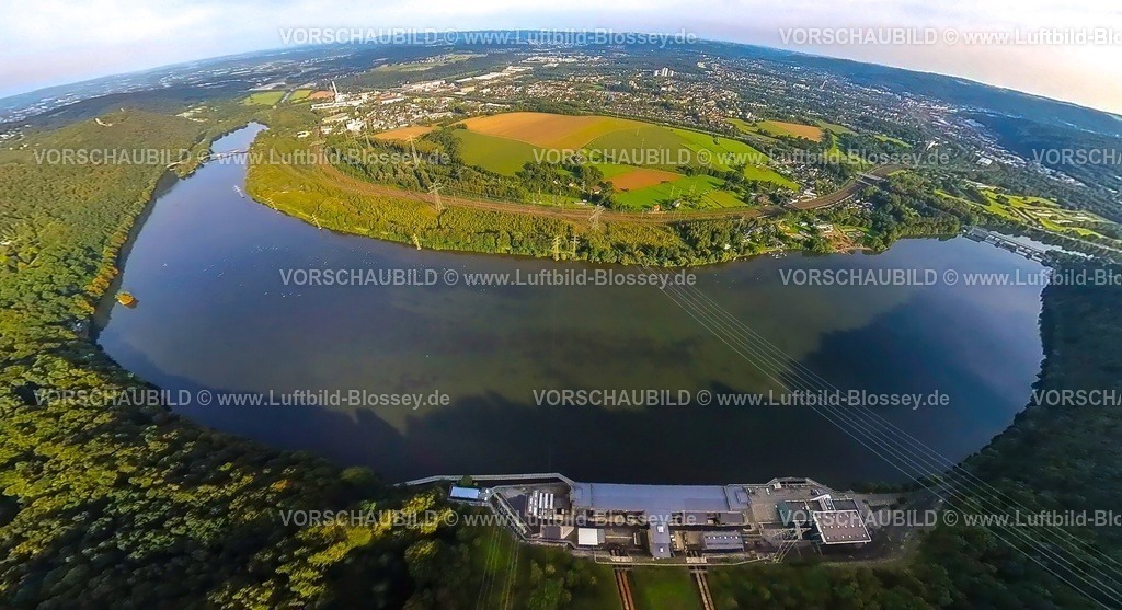 Hagen230990051 Hengsteysee | Luftbild, Hengsteysee und Koepchenwerk am Ufer, Blick nach Hagen-Bathey, Erdkugel, Fisheye Aufnahme, Fischaugen Aufnahme, 360 Grad Aufnahme, tiny world, Boele, Hagen, Ruhrgebiet, Nordrhein-Westfalen, Deutschland
