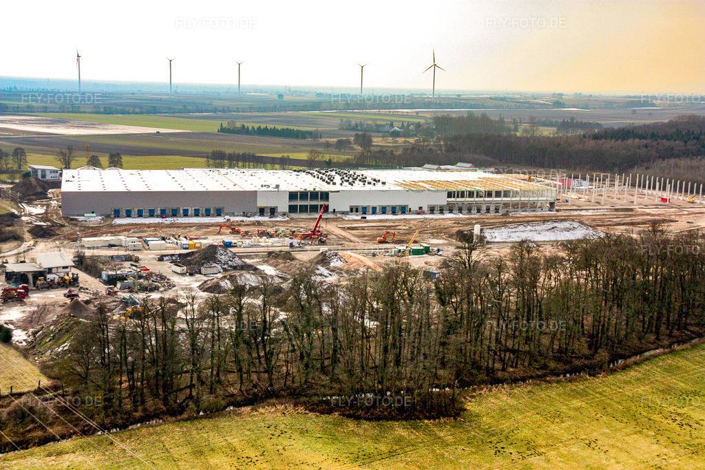 Luftbild: Neubau einer Logistikhalle im Gewerbegebiet Am Horst im Ortsteil Minderslachen in Kandel im Bundesland Rheinland-Pfalz in Deutschland. Foto: IMG_16858.jpg vom 15.02.2009 durch Werner Riehm/FLY-FOTO.de