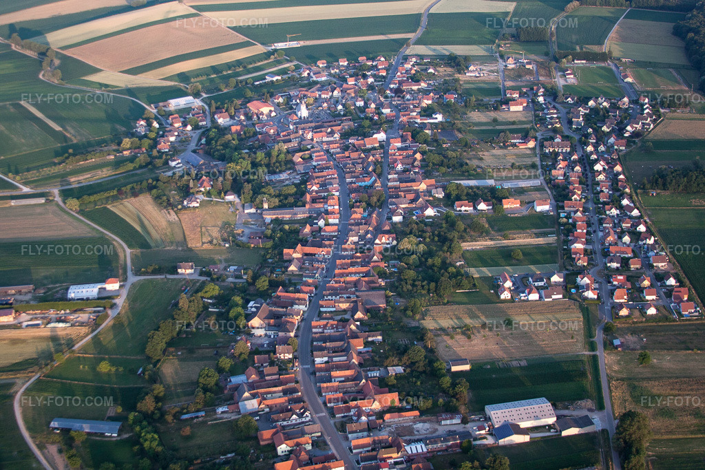 Aerial view: View of the town in Niederlauterbach in the state Bas-Rhin, France.Photo: IMG_67974.jpg taken on 06/19/2014 by Werner Riehm/FLY-FOTO.comResolution of the original: 4355 x 2903 px