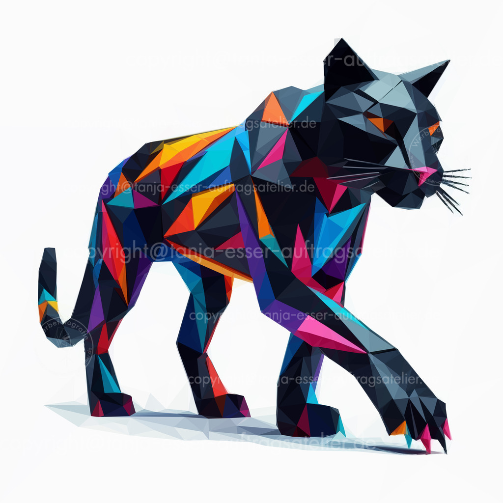 Illustration eines schwarzen Panther mit bunten Farbfeldern | Schwarzer Panther mit bunten Farbspritzern schleicht vor einem weißen Hintergrund. Er  hat bunte Farbfelder in Form von Polygonen. Low Poly Art Stil.