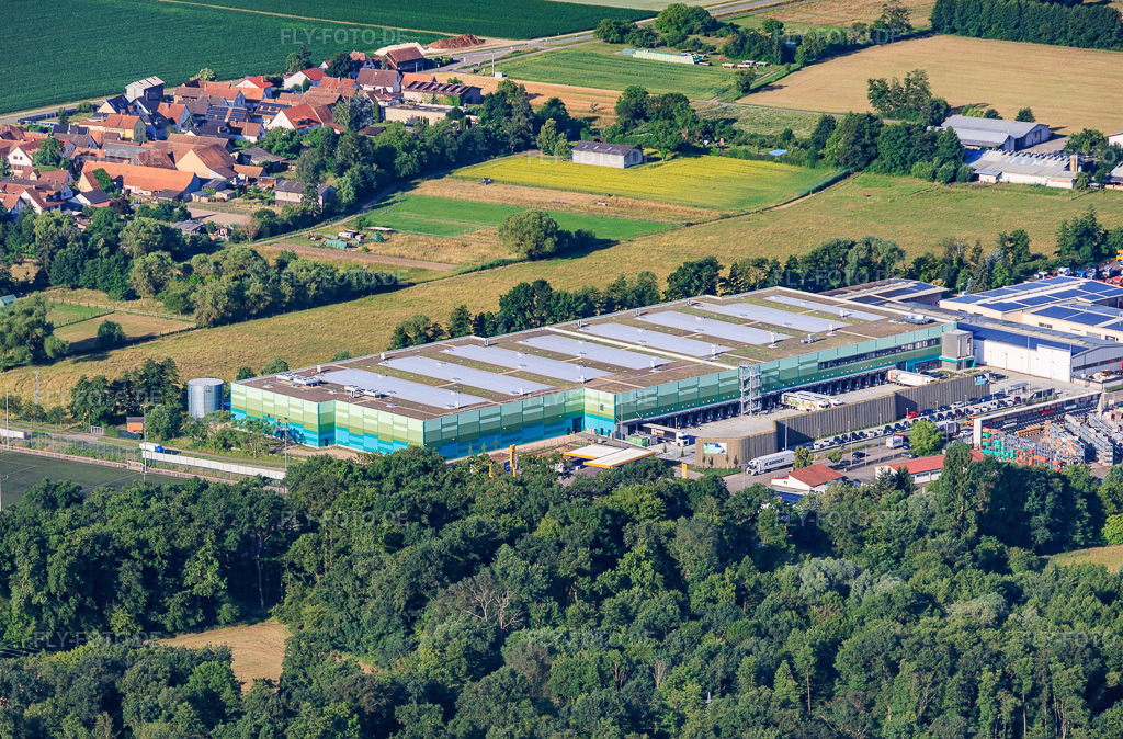 Luftbild: Gewerbegebiet Horst aus Nordosten mit Lager der Frischeplattform Südwest GmbH im Ortsteil Minderslachen in Kandel im Bundesland Rheinland-Pfalz in Deutschland. – Foto: IMG_157553.jpg vom 18.06.2026 durch Werner Riehm/FLY-FOTO.de – Auflösung des Originals: 5193 x 3420 px – WWW.FRISCHEPLATTFORM-SW.DE