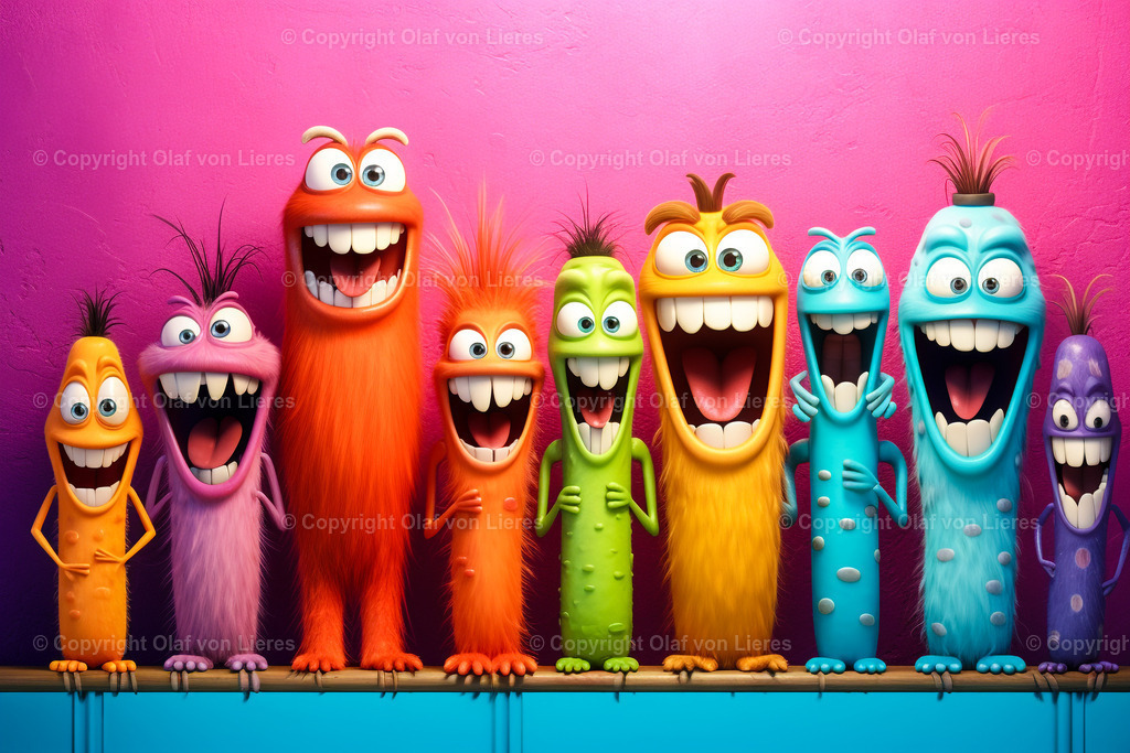 lachende Monstergesichter | fröhliche Monster in einer Reihe