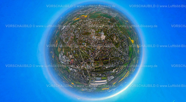 Kamen230520023MarktMitte | Luftbild, Kamen-Mitte, Marktplatz, City mit Kamen Quadrat Einkaufszentrum,  Erdkugel, Fisheye Aufnahme, Fischaugen Aufnahme, 360 Grad Aufnahme, , Kamen, Ruhrgebiet, Nordrhein-Westfalen, Deutschland