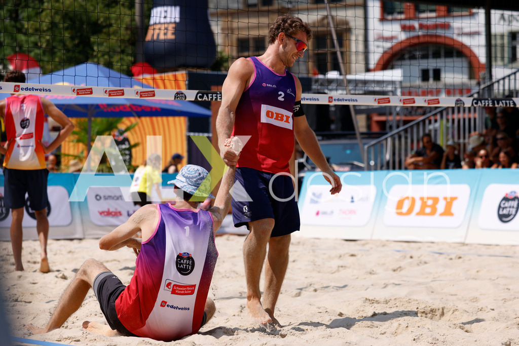 Obi BeachTour 2026 - Basel | BASEL, SWITZERLAND - JULY 19: YVES HAUSSENER (SUI) and SIMON HAGENBUCH (SUI) during the Obi BeachTour 2026 match between DILLIER / FLÜCKIGER (SUI) and HAGENBUCH / HAUSSENER (SUI) at Barfüsserplatz on July 19, 2026 in Basel, Switzerland. - Realisiert mit Pictrs.com