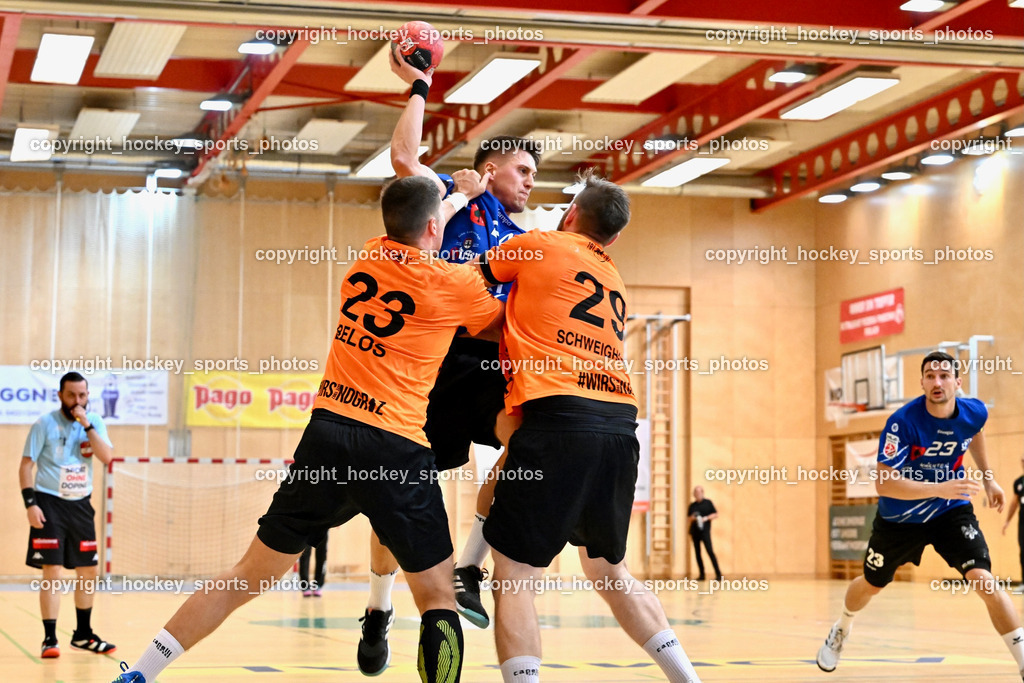SC Ferlach vs. HSG Holding Graz 23.9.2023 | ##23 BELOS Nemanja Holding Graz, #29 Schweighofer Lukas Holding Graz, #24 JOVANOVIC Mladan SC Ferlach, SC Ferlach vs. HSG Holding Graz 23.9.2023, SC Ferlach vs. HSG Holding Graz am 23.09.2023 in Bleiburg (Ballspielhalle Ferlach), Austria, (Photo by Bernd Stefan)