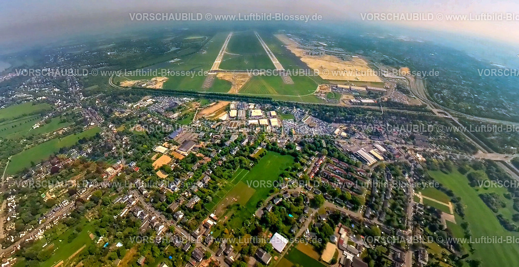 Duesseldorf240590048LohausenFlughafenDuesseldorf | Luftbild, Internationaler Flughafen Düsseldorf, DUS Airport, Wohngebiet Ortsteil Lohausen und Bundesstraße B8, Erdkugel, Fisheye Aufnahme, Fischaugen Aufnahme, 360 Grad Aufnahme, tiny world, little planet, fisheye Bild, Lohausen, Düsseldorf, Nordrhein-Westfalen, Deutschland