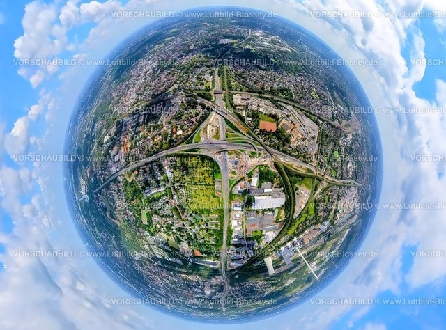 Herne230890074 BAB Kreuz Herne A43 A42 | Luftbild, Autobahnkreuz Herne Großbaustelle, Autobahn A43 und Autobahn A42, Erdkugel, Fisheye Aufnahme, Fischaugen Aufnahme, 360 Grad Aufnahme, tiny world, Baukau-West, Herne, Ruhrgebiet, Nordrhein-Westfalen, Deutschland