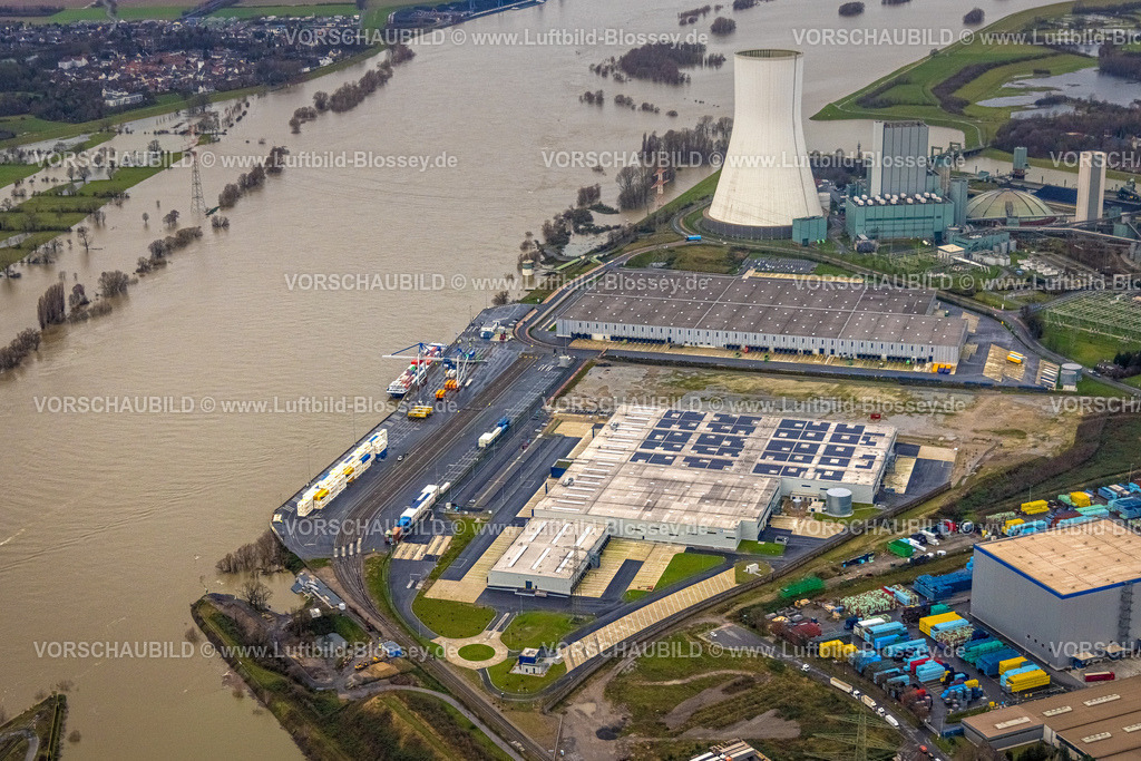 Duisburg231203536 | Luftbild vom Weihnachtshochwasser 2023 am Rhein, der Rhein tritt nach starken Regenfällen über die Ufer,  Fahrn, Duisburg, Ruhrgebiet, Niederrhein, Nordrhein-Westfalen, Deutschland