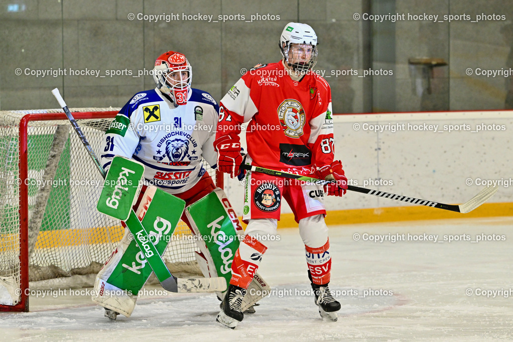 ESV Ferlach vs. UECR Eisbären Huben | #31 Sicher Michael UECR EISBÄREN HUBEN, #87 Piuk Tobias ESV Ferlach, ESV Ferlach vs. UECR Eisbären Huben, ESV Ferlach vs. UECR Eisbären Huben am 31.10.2025 in Ferlach (HTC Eishalle Ferlach), Austria, (Photo by Bernd Stefan)