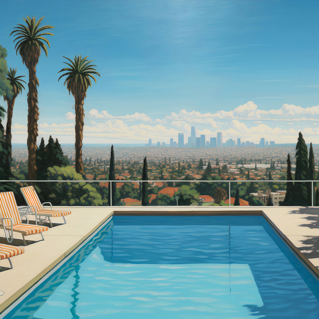 10230752 - Pool mit Aussicht | Blick von einem Pool über Berverly Hills auf die Skyline von Los Angeles, digitales Gemälde.
