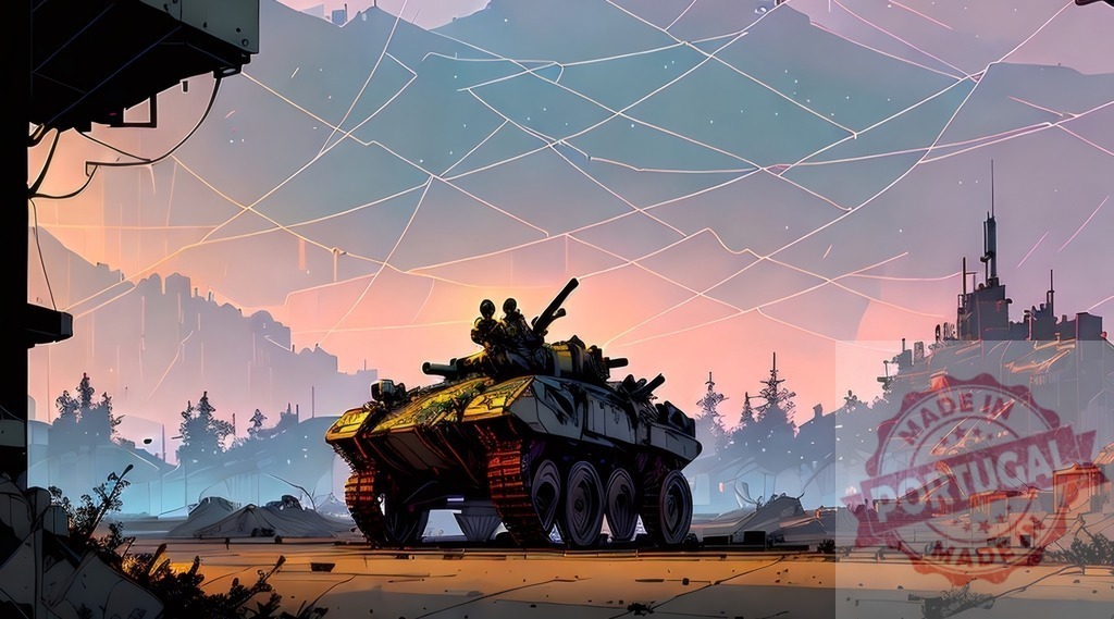 Futuristic armored vehicle standing in a wasteland sunset. AI Experiments | Armored vehicle traversing a post-apocalyptic landscape during sunset, depicting survival and conflict - Realized with Pictrs.com