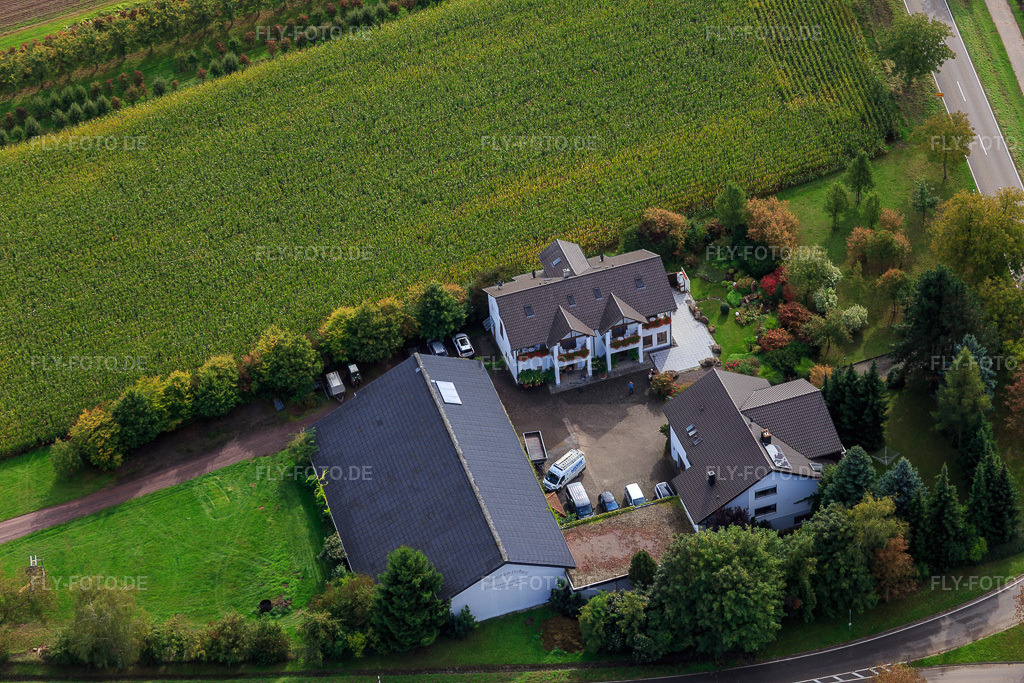 Luftbild: VOLKER KUHN Weingut & Gästehaus am Fürstweg im Ortsteil Heuchelheim in Heuchelheim-Klingen im Bundesland Rheinland-Pfalz in Deutschland. Foto: IMG_072691.jpg vom 19.09.2014 durch Werner Riehm/FLY-FOTO.deAuflösung des Originals: 5472 x 3648 pxWeingut am Fürstweg - Winzermeister Volker Kuhn