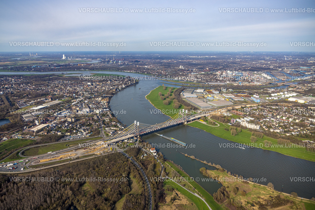 Duisburg230303020 | Luftbild, Baustelle mit Erweiterung der Autobahn A40 inklusive Ersatzneubau der Rheinbrücke Neuenkamp, Alt-Homberg, Duisburg, Ruhrgebiet, Nordrhein-Westfalen, Deutschland