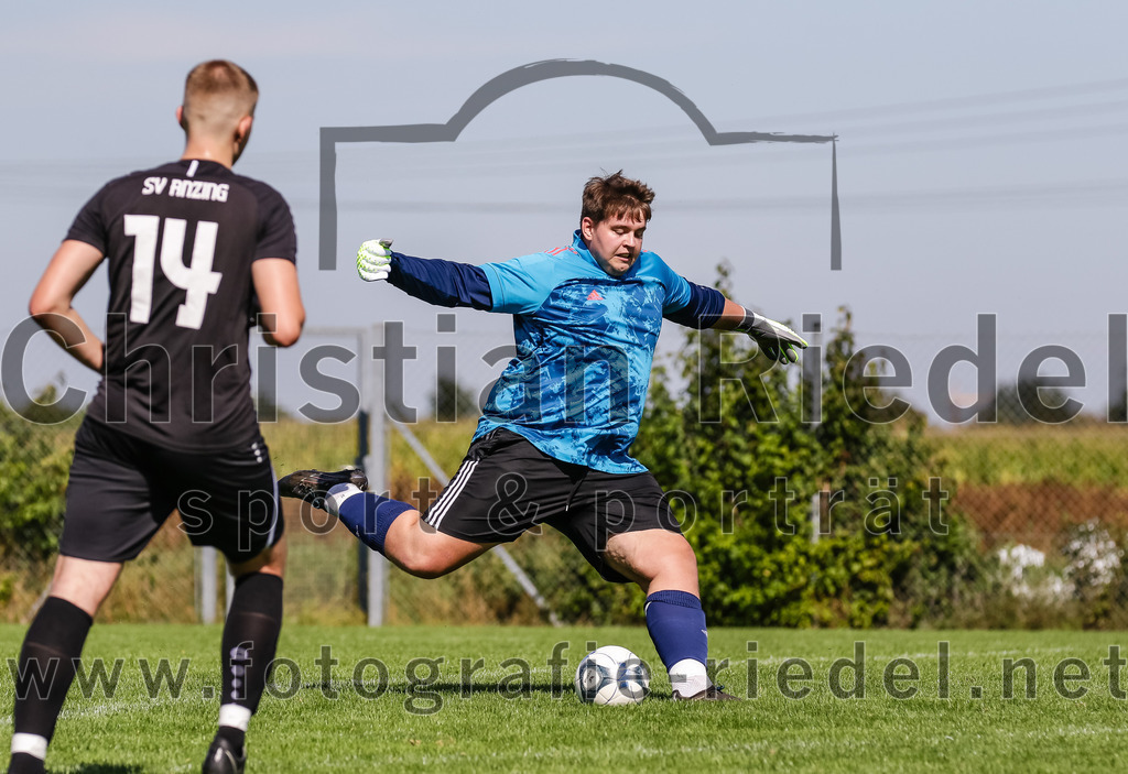 2023-09-17_050_SG_Anzing-Parsdorf_II_gegen_TSV_Zorneding_II | Anzing, Deutschland, 17.09.2023:
Fußball, A-Klasse 2023 / 2024, 5. Spieltag, Endergebnis: 1:1

Severin Munker ((SG) Anzing-Parsdorf, #14), Torwart Tommy Sonberger ((SG) Anzing-Parsdorf, #1)

Foto: Christian Riedel / fotografie-riedel.net