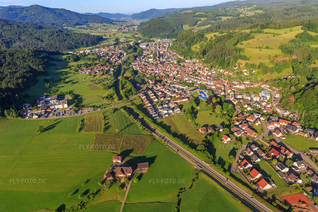 Luftbild: Dorfansicht im Elz-Tal aus Nordosten im Ortsteil Wellishöfe in Elzach im Bundesland Baden-Württemberg in Deutschland. Foto: IMG_147650.jpg vom 30.05.2025 durch Werner Riehm/FLY-FOTO.de